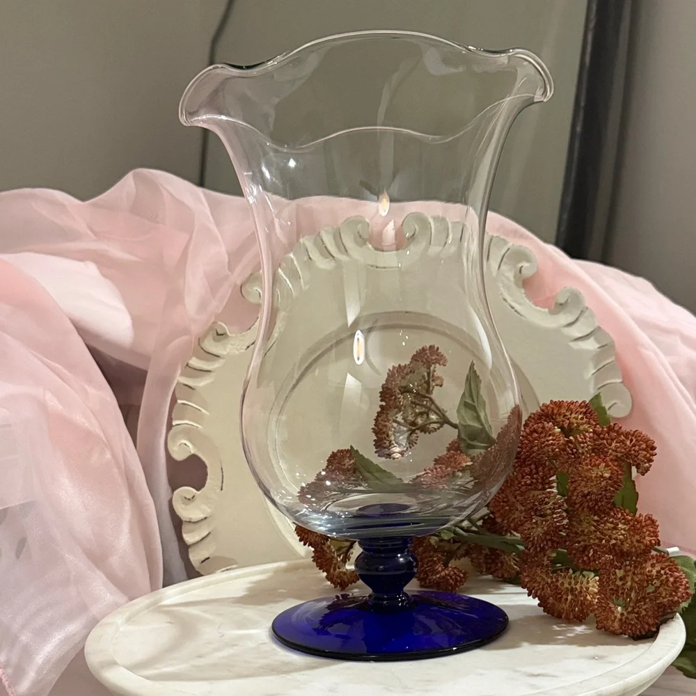 Princess House Clear Hurricane Vase with Cobalt Blue Base